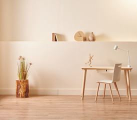 Decorative wooden table and chair and modern background style.