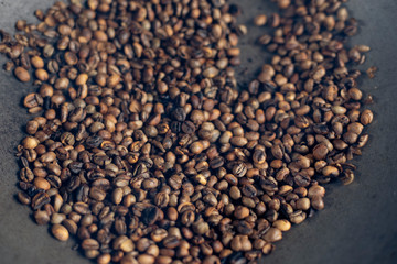 Coffee beans roasted traditional,coffee beans are being roasted in a pan.Roasting the peeled coffee beans.