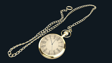 Fototapeta na wymiar 3d render gold Vintage Pocket Watch Chain links isolated on black background
