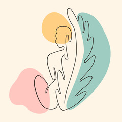 Vector outline illustration of woman body on abstract blobe background. One line drawing. Use it as greeting card, poster, banner, social media post, fashion print, invitation, sale, brochure