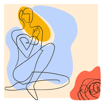 Vector outline illustration of woman body on abstract blobe background. One line drawing. Use it as greeting card, poster, banner, social media post, fashion print, invitation, sale, brochure