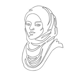 Vector outline illustration of woman in scarf. One line drawing. Greeting card, poster, banner, social media post, fashion print, invitation, brochure