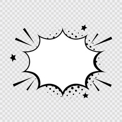 Retro empty comic bubble with black halftone shadow on transparent background. Pop art style, vintage design.