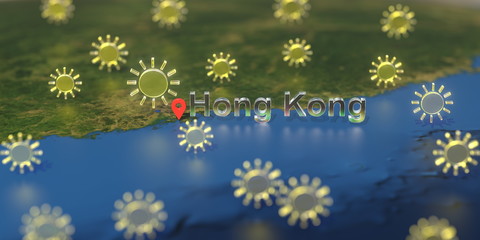 Sunny weather icons near Hong Kong city on the map, weather forecast related 3D rendering