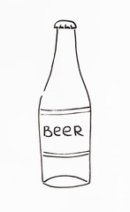 sketch of bottle of beer hand-drawn by black felt-tip pen on white paper