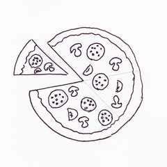 sketch of top view of pizza with mushrooms, salami and tomatoes hand-drawn by black felt-tip pen on white paper