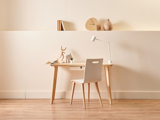 Modern and new style decorative wooden table and chair concept in the room, yellow background wall...