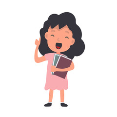 Girl with books waves. A satisfied schoolgirl. Suitable for design at school or on vacation. Isolated. Vector.