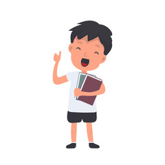 The teenager holds books and waves his hand. Satisfied schoolboy. Suitable for design at school or on vacation. Isolated. Vector.