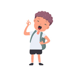 Teenager with a backpack waves his hand. Satisfied schoolboy. Suitable for back-to-school or vacation designs. Isolated. Vector.