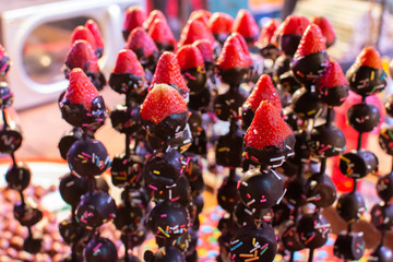Chocolate-Covered Strawberries snacks on a stick, street food in Beijing, capital of China