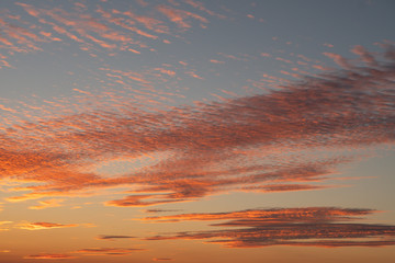 Sunset sky texture background. Cloudscape. Orange texture of clouds. Sunrise or sunset over clouds