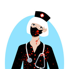 Cute blonde young woman in bloody nurse halloween party costume. Hat with a cross stethoscope robe and mask with blood stains. Social media avatar. Stock vector flat illustration isolated on white.