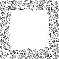 Halloween and Thanksgiving pumpkins square frame with copy space. Black doodle Outline border postcard invitation social media template. Stock vector illustration isolated on transparent background.