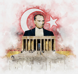 Watercolor illustration of Mustafa Kemal Ataturk behind Anitkabir