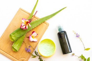 herbal shampoo ,soak cream treatment aroma health care for head and hairs from  aloe vera local of asia arrangement flat lay style on background wooden white