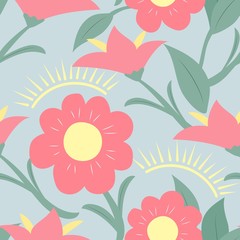 Seamless floral pattern. Pink flowers, sun. Flat design.