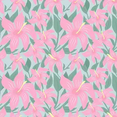 Selbstklebende Fototapeten Seamless floral pattern. Pink flowers, sun. Flat design. © ANGELINA