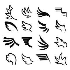 Set Black Line Flat Collection Wings Vector Icon Feather Design Style Decoration Sketch Cartoon