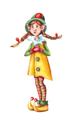 watercolor illustration.Cute Christmas little elves are Santa's helpers.isolated on a white background.