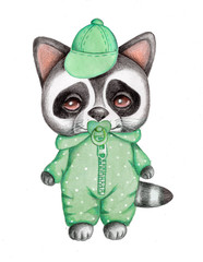 Cute cartoon little raccoon in green with dummy. Watercolor hand drawn illustration, isolated on white.