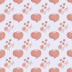 seamless pattern with pink heart, floral ornament, blue background