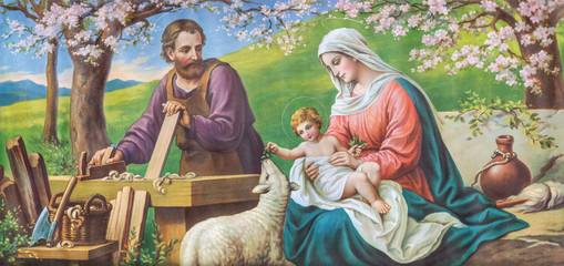SEBECHLEBY, SLOVAKIA - AUGUST 13, 2020: Typical catholic image  image of Holy Family from the beginn of 20. cent.  printed in Italy originally by Sonino painter. - obrazy, fototapety, plakaty