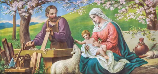 Tuinposter SEBECHLEBY, SLOVAKIA - AUGUST 13, 2020: Typical catholic image  image of Holy Family from the beginn of 20. cent.  printed in Italy originally by Sonino painter. © Renáta Sedmáková