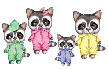 Fototapeta premium Set of cute cartoon little raccoons with dummy. Watercolor hand drawn illustration, isolated on white.