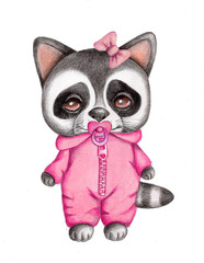 Cute cartoon little raccoon in pink with dummy. Watercolor hand drawn illustration, isolated on white.