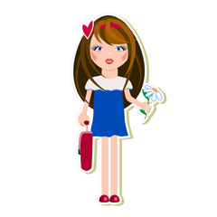 Vector children's sticker of a cartoon little black-haired girl in a blue dress with a briefcase and camomile in her hands. Concept of soon to school, first grader. Isolated on white background