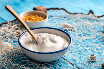 Greek yogurt, cereals and red berries on a blue background next to a fishing net and seashells.