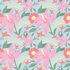 Seamless floral pattern. Pink flowers, sun. Flat design.