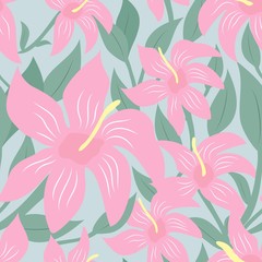 Seamless floral pattern. Pink flowers, sun. Flat design.