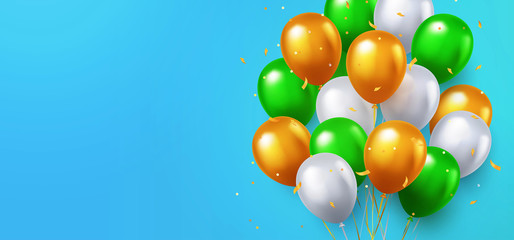 Greeting design in green, orange and white colors with 3d realistic flying balloons on blue background. Celebration, festival backdrop. Banner or poster with white, orange and green helium balloons