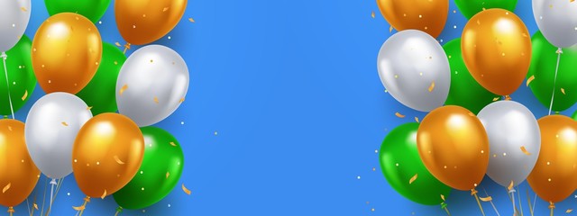 Greeting design in green, orange and white colors with 3d realistic flying balloons on blue background. Celebration, festival backdrop. Banner or poster with white, orange and green helium balloons