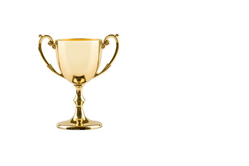 Brass steel trophy, dual handle neo-classic, isolated on white. Trophy is a tangible, durable reminder of a specific achievement, serves as recognition / evidence of merit, awarded for success people