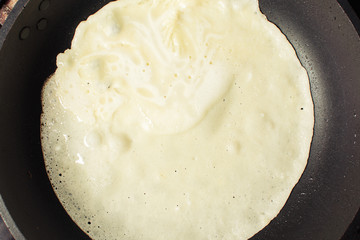 Filled in frying pan test for baking of pancakes.