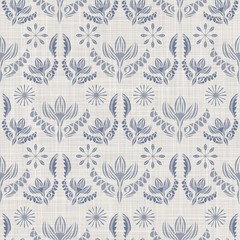  Seamless french farmhouse damask linen pattern. Provence blue white woven texture. Shabby chic style decorative fabric background. Textile rustic all over print