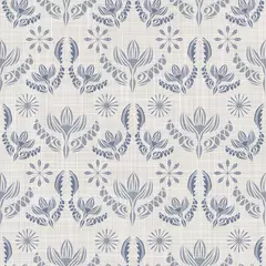 Foto op Plexiglas Naadloze Franse boerderij damast linnen patroon. Provence blauw wit geweven textuur. Shabby chique stijl decoratieve stof achtergrond. Textiel rustiek all-over print © Limolida Studio