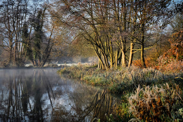 Morning mist and frost on the River Wey, Surrey, on a cold winter's morning