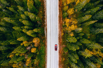 Aerial view of rural road with red car in yellow and orange autumn forest in Finland.