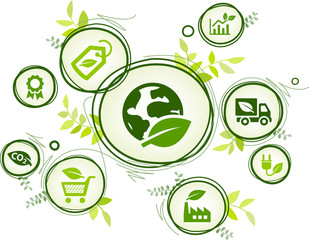 Sustainable business or green company vector illustration. Concept with connected icons related to environmental protection and eco sustainability in an organization.
