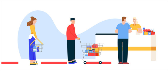 Men and women with shopping carts and baskets choosing and buying products at supermarket or grocery store