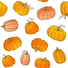 Seamless vector pattern with hand drawn pumpkins in bright colors.