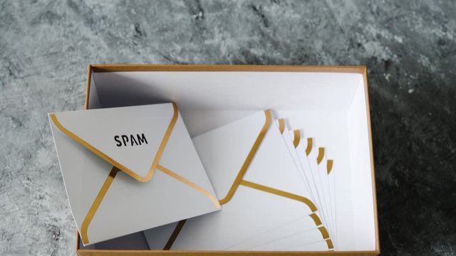 inbox organisation, group of envelopes inside box metaphor of email inbox and some marked as spam content and camera tilting