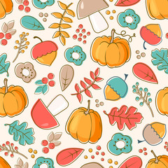 Autumn background. Seamless vector pattern with acorns, leaves, pumpkins, berries, mushrooms and autumn flowers.