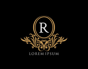 Luxury R Letter Logo. Luxury calligraphic vintage emblem with beautiful classy floral ornament. Elegant logo design Vector illustration.