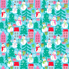 Seamless vector pattern with snowmen, houses, trees and gift boxes.