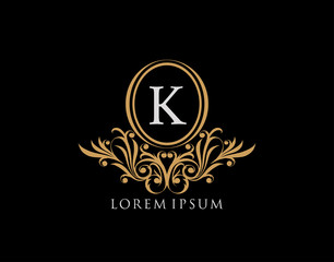 Luxury K Letter Logo. Luxury calligraphic vintage emblem with beautiful classy floral ornament. Elegant logo design Vector illustration.